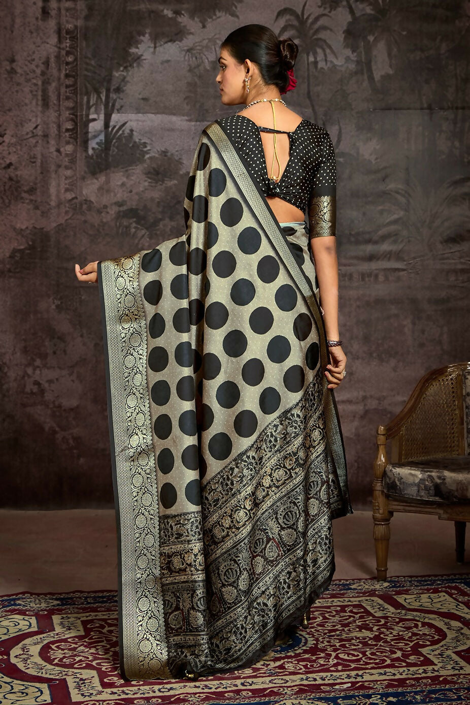 Joban Fashion Black Art Silk With Fine Viscose Border Ajrak Full Body Print With Soft Finish Saree | Grocsy