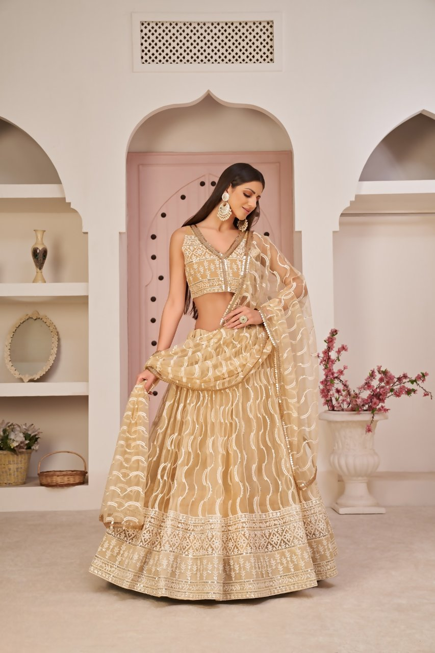 Eilara Women'S Beige Butterfly Net Thread Embroidered Work Designer Lehenga Choli | Grocsy