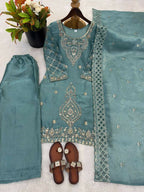 Teeya Creation Teal Color Gimmychu Silk Embroidery Work Wedding Wear Salwar Suit | Grocsy