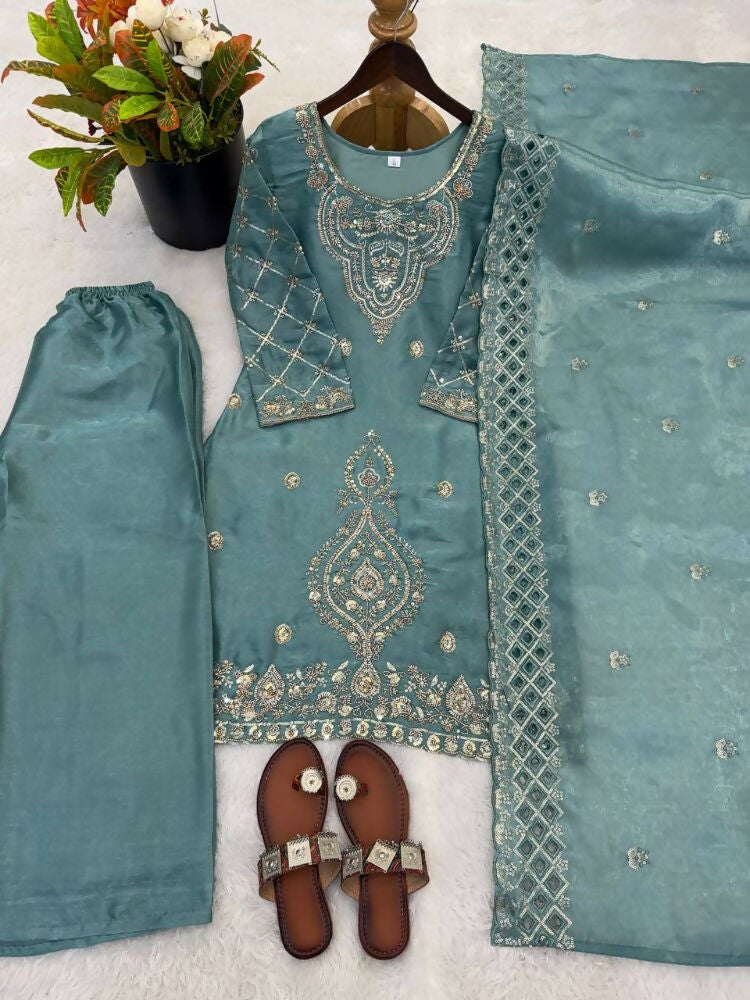 Teeya Creation Teal Color Gimmychu Silk Embroidery Work Wedding Wear Salwar Suit | Grocsy