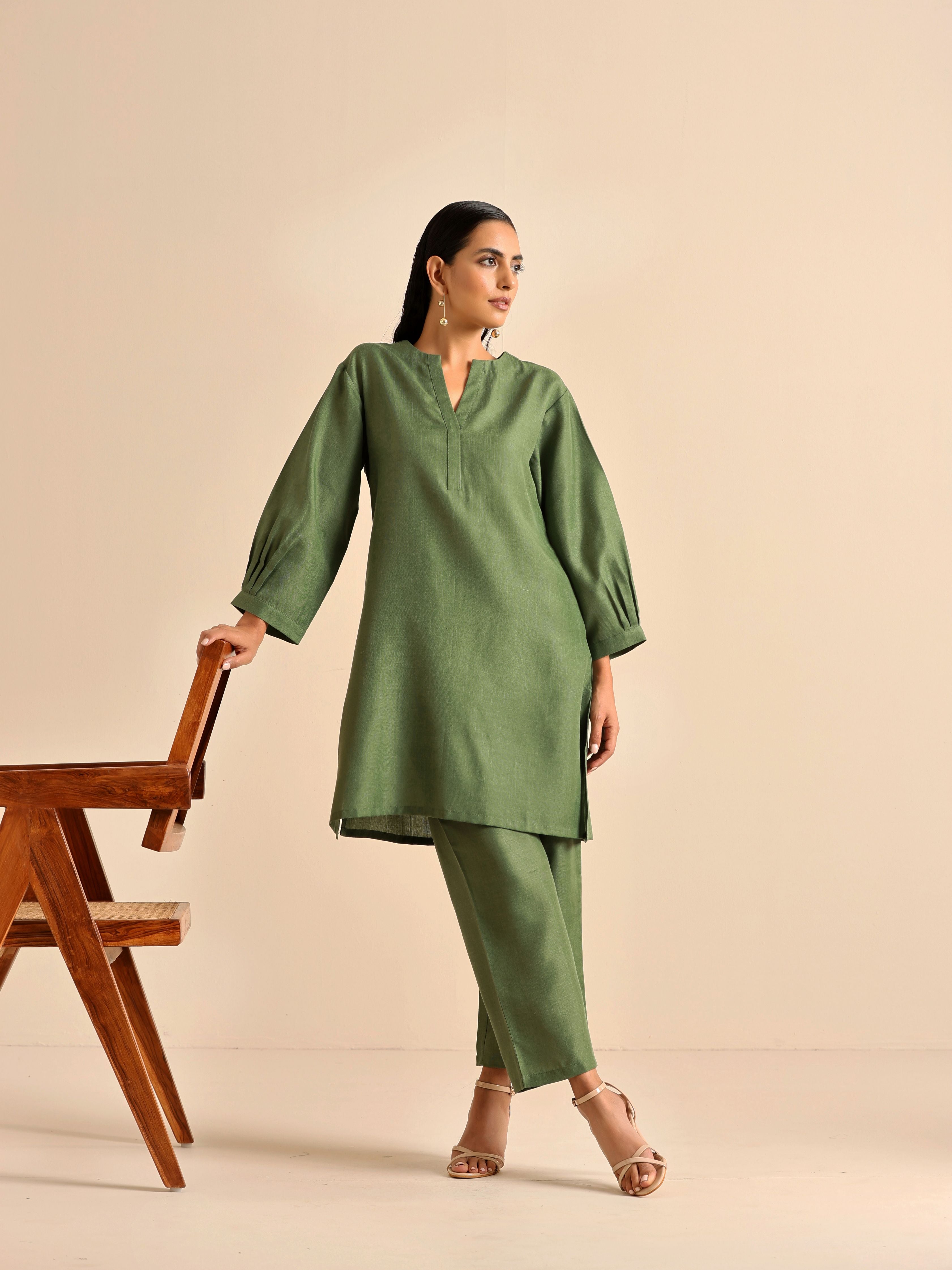 trueBrowns Olive Green Slub Relaxed Placket Co-Ord Set | Grocsy
