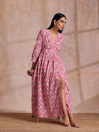 trueBrowns Pink Overall Floral Block Print Cotton Wrap Dress | Grocsy