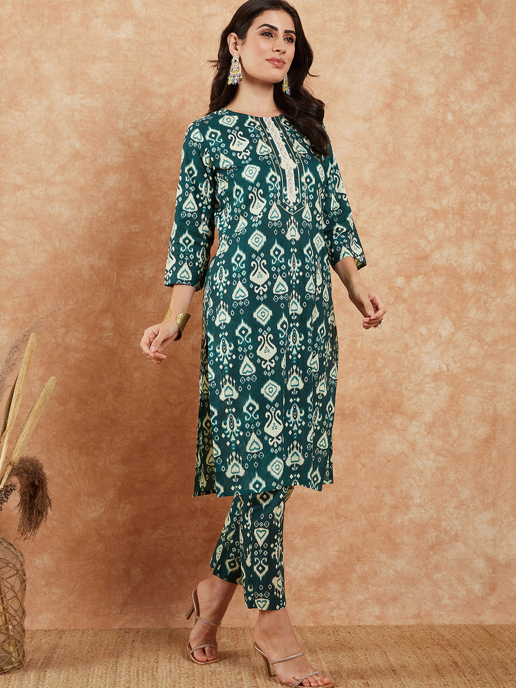 InWeave Women's Peacock Blue Ikkat Print Gota Work Straight Kurta Pant Set | Grocsy