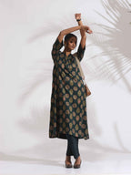 trueBrowns Green Foil Print Cotton Kurta Set | Grocsy