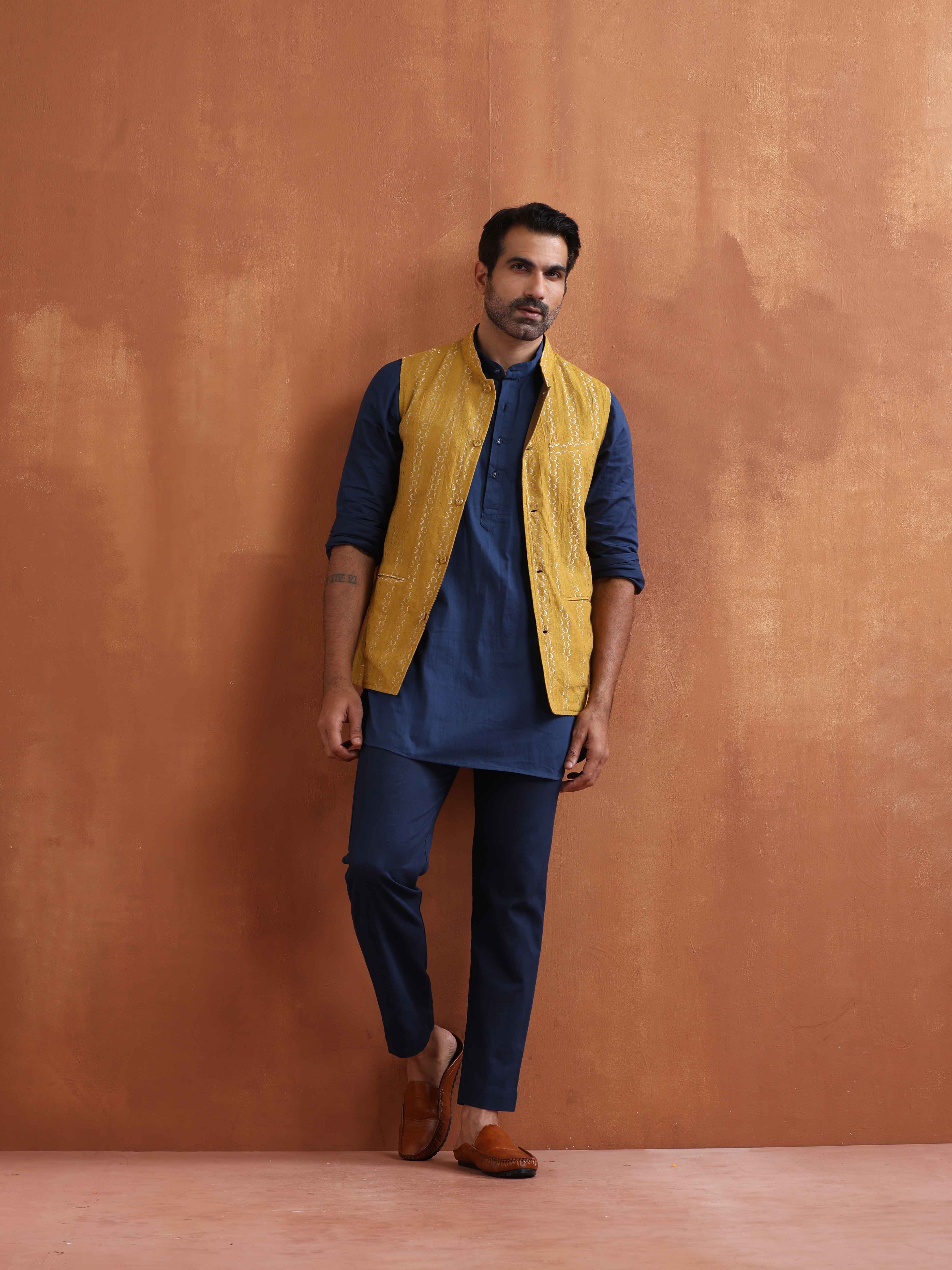trueBrowns Men's Mustard Cotton Dobby Reversible Nehru Jacket | Grocsy