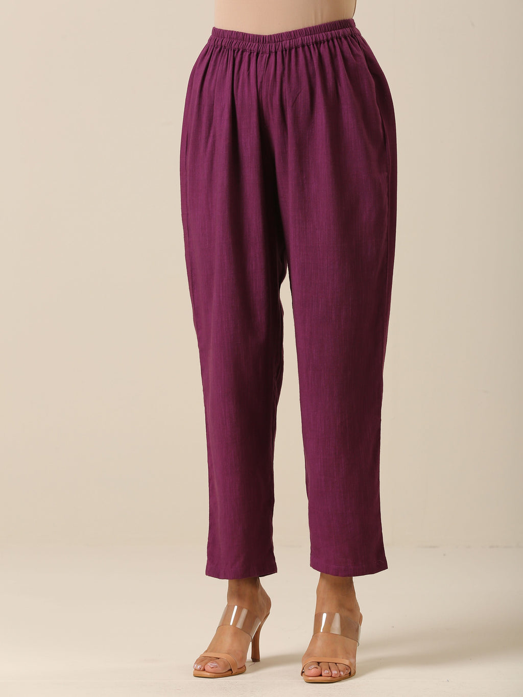 trueBrowns Plum Purple Slub Texture High Low Kaftan Pant Set | Grocsy