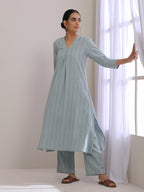 trueBrowns Eggshell Blue Dobby Neck Pleat Kurta Pant Set | Grocsy