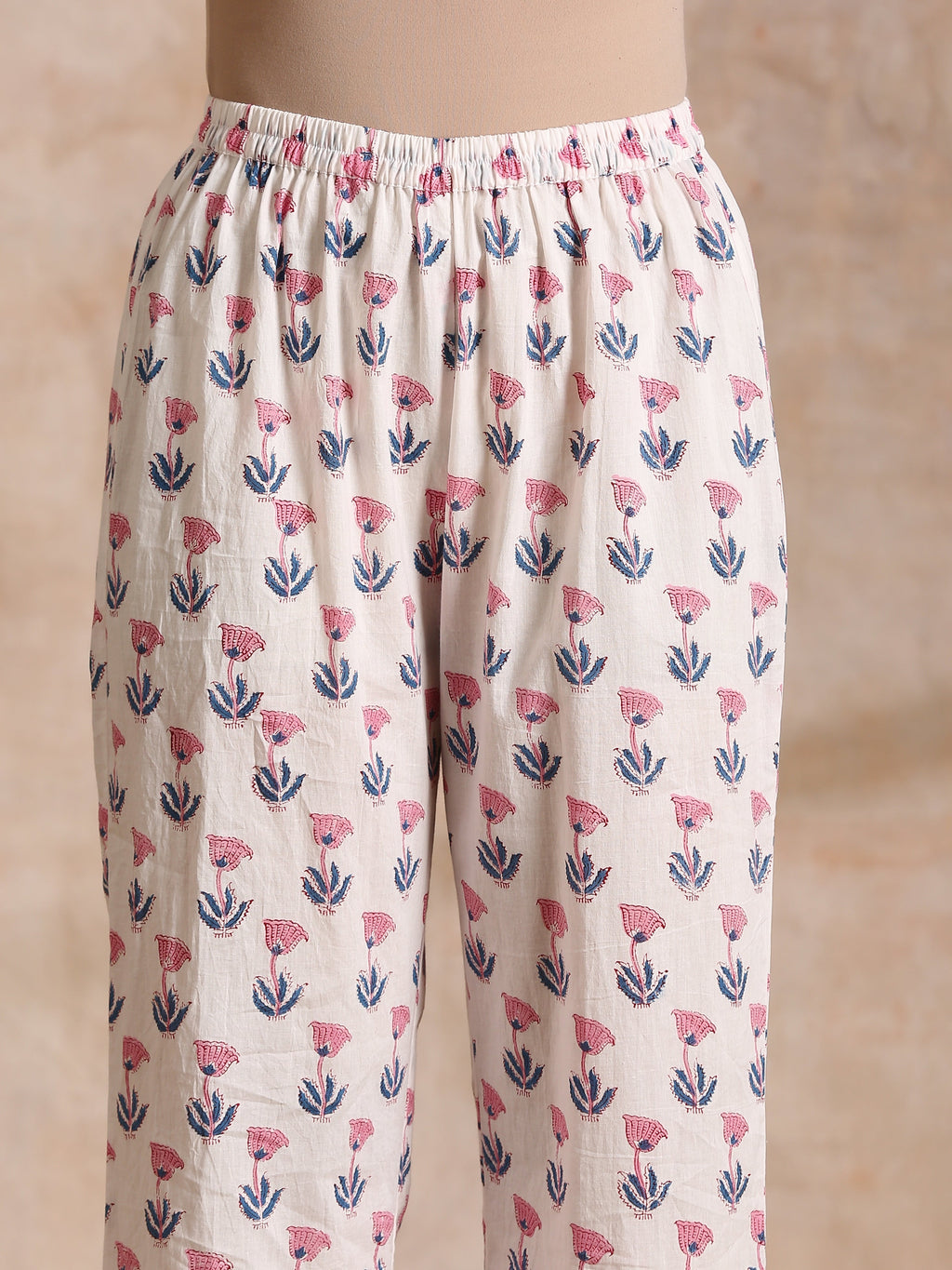 trueBrowns White With Pink Blue Buta Block Print Cotton Kurta Pant Set | Grocsy