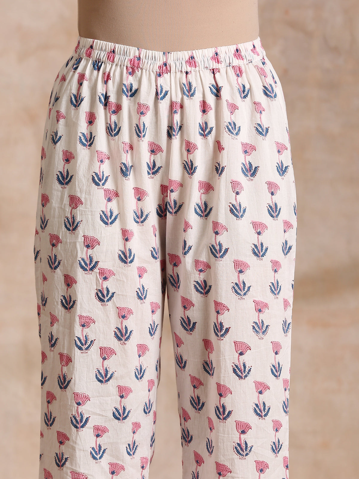 trueBrowns White With Pink Blue Buta Block Print Cotton Kurta Pant Set | Grocsy