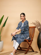 InWeave Women's Ankola Indigo With Tiles Hand Block Print Lace Straight Kurta | Grocsy
