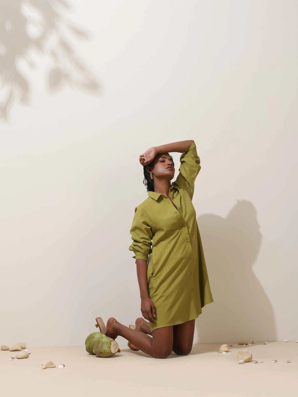 trueBrowns Pear Green Cotton Linen Dress | Grocsy