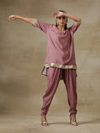 trueBrowns Dark Mauve Bandhani Printed Silk Loose Kurta Dhoti Pant Set | Grocsy