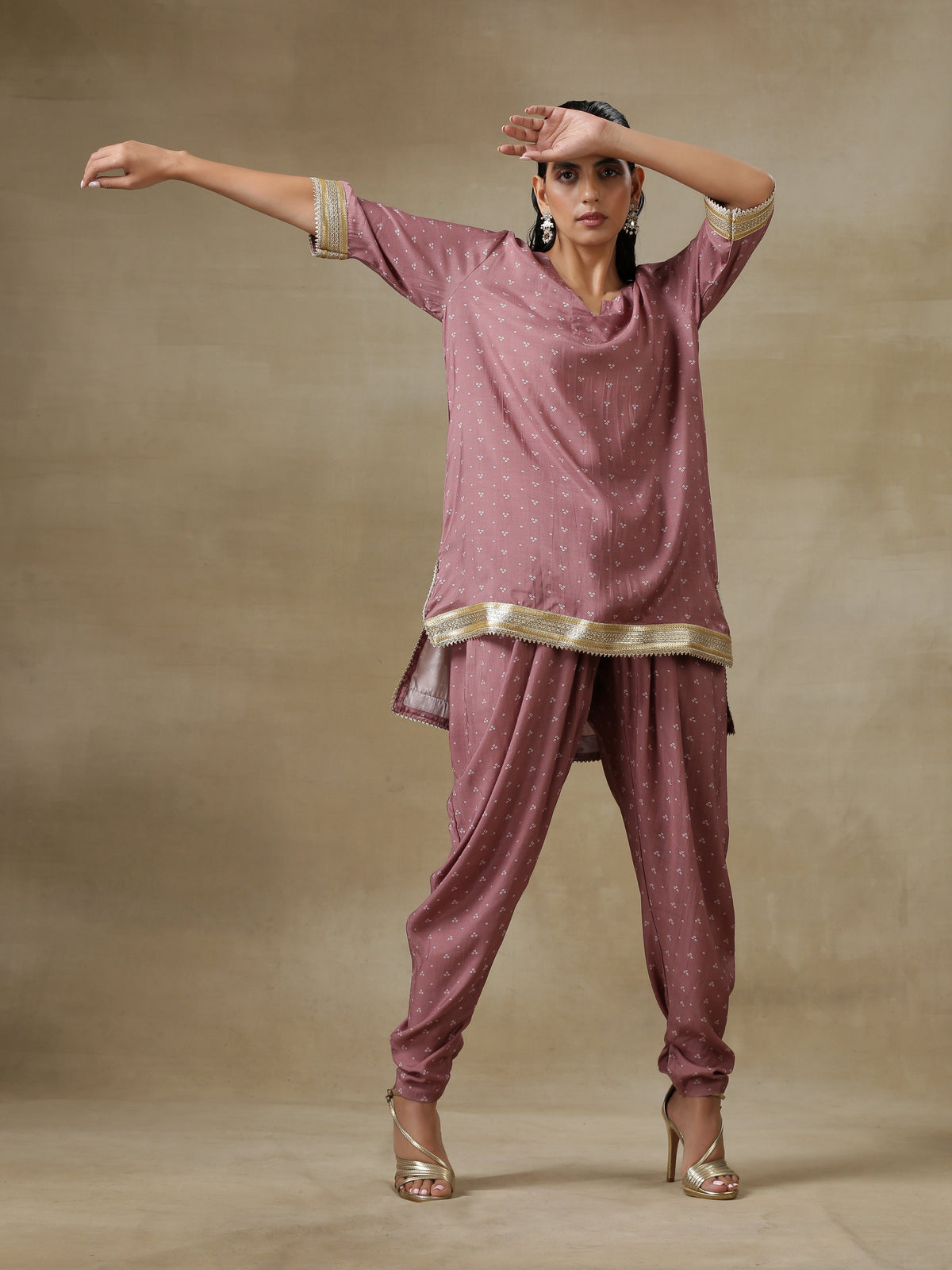 trueBrowns Dark Mauve Bandhani Printed Silk Loose Kurta Dhoti Pant Set | Grocsy