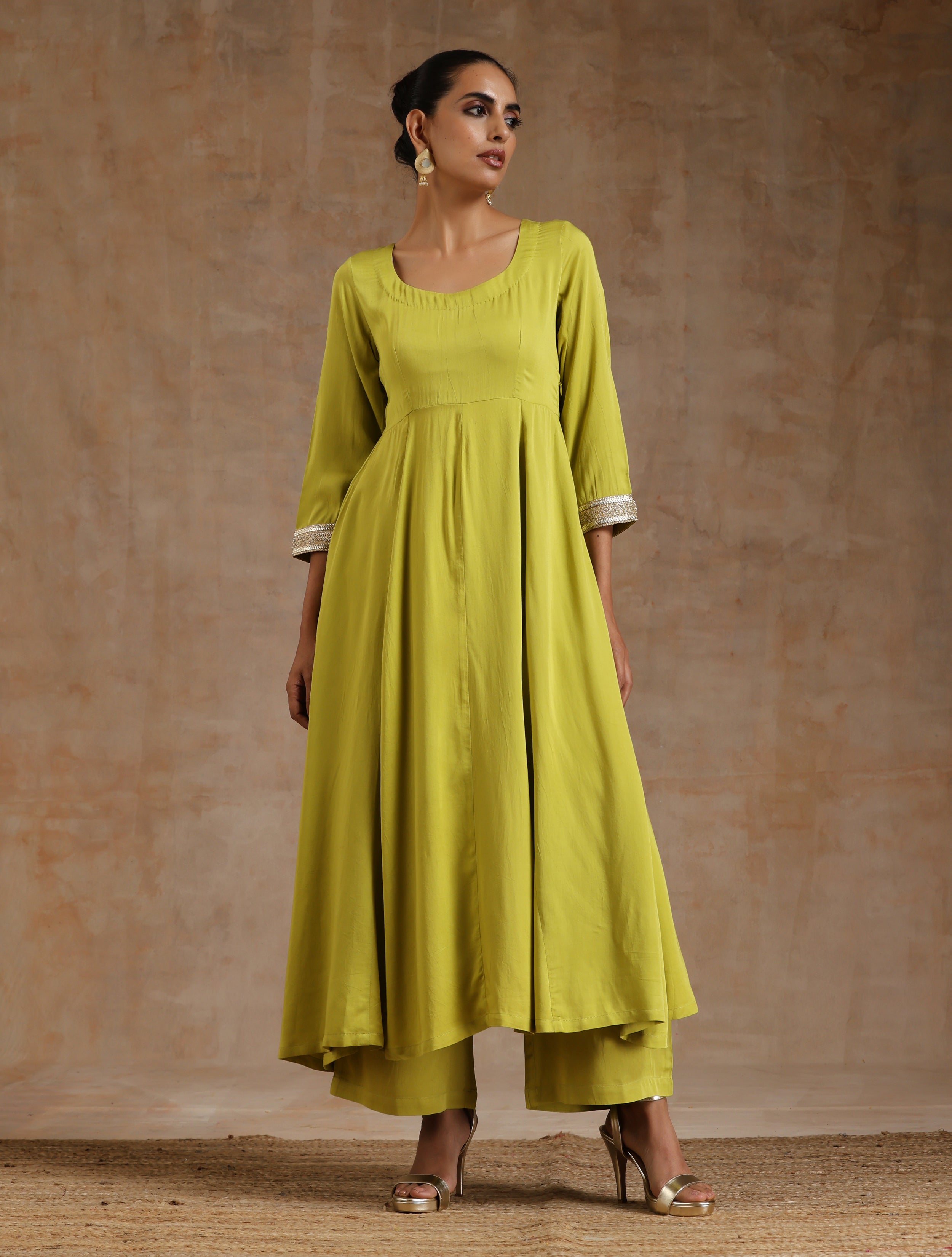 trueBrowns Lime Modal Satin Anarkali Set | Grocsy