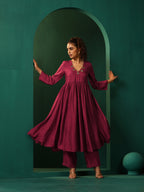 trueBrowns Maroon Silk Angrakha Kurta Pant Set | Grocsy