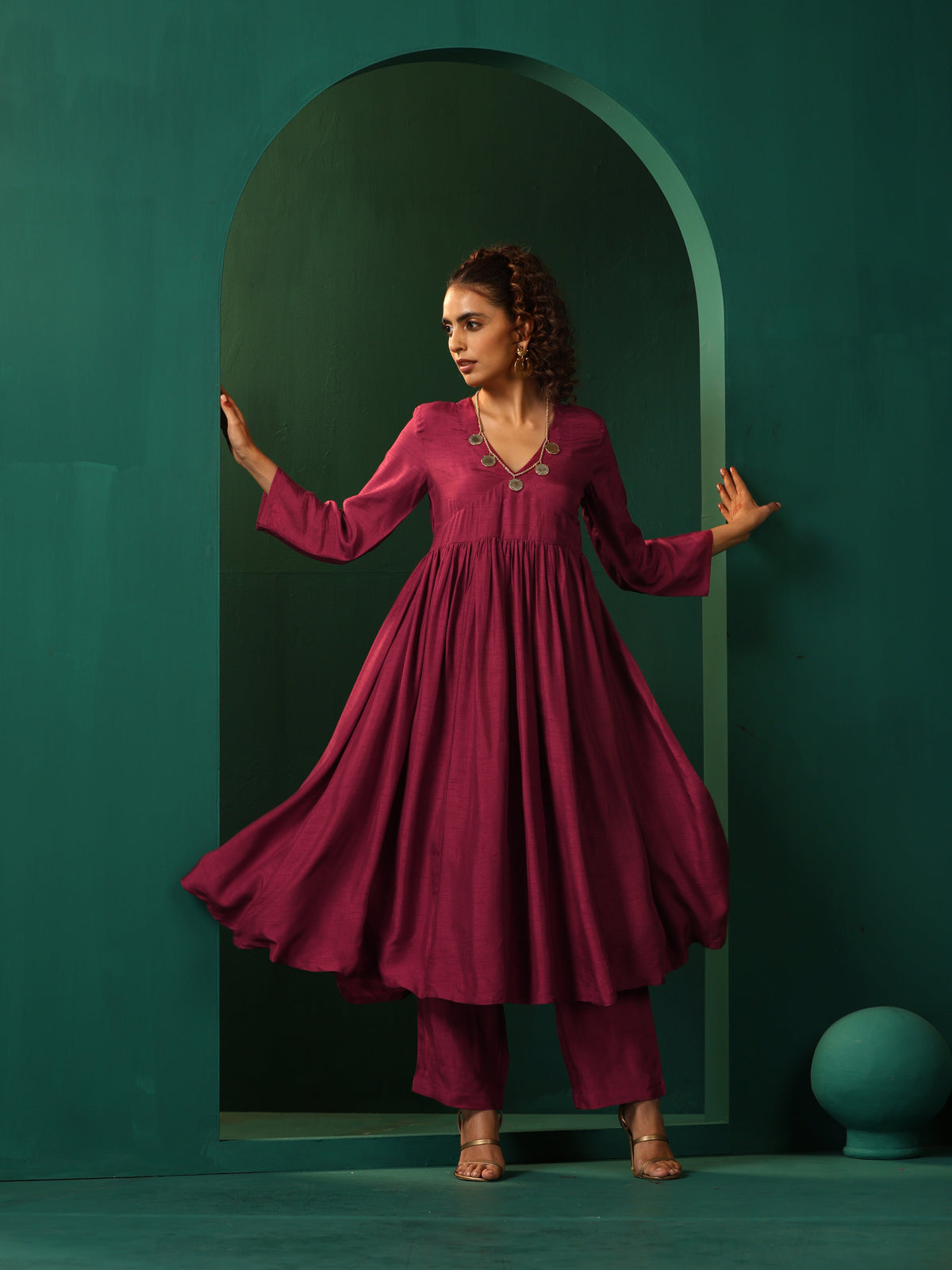 trueBrowns Maroon Silk Angrakha Kurta Pant Set | Grocsy