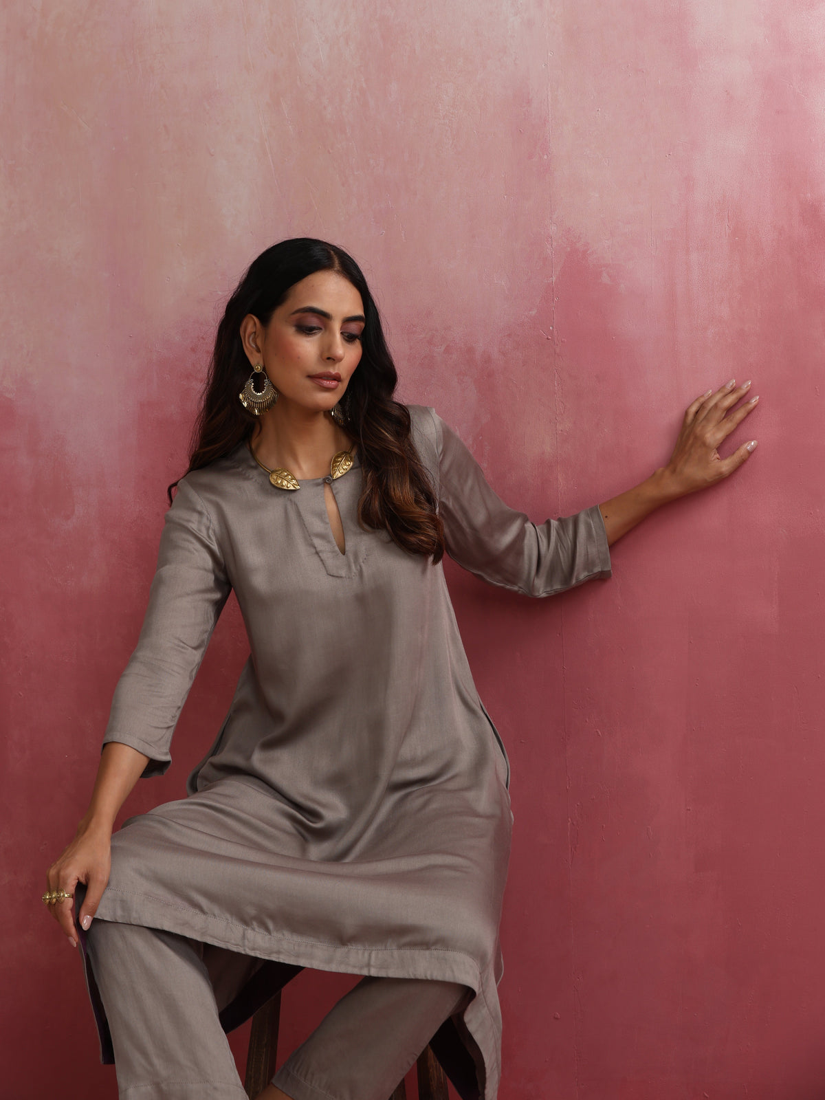 trueBrowns Grey High low Kurta Set | Grocsy