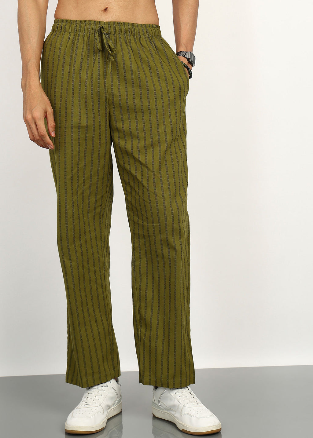 Fabmade Olive Stripe Linen Kurta Set | Grocsy