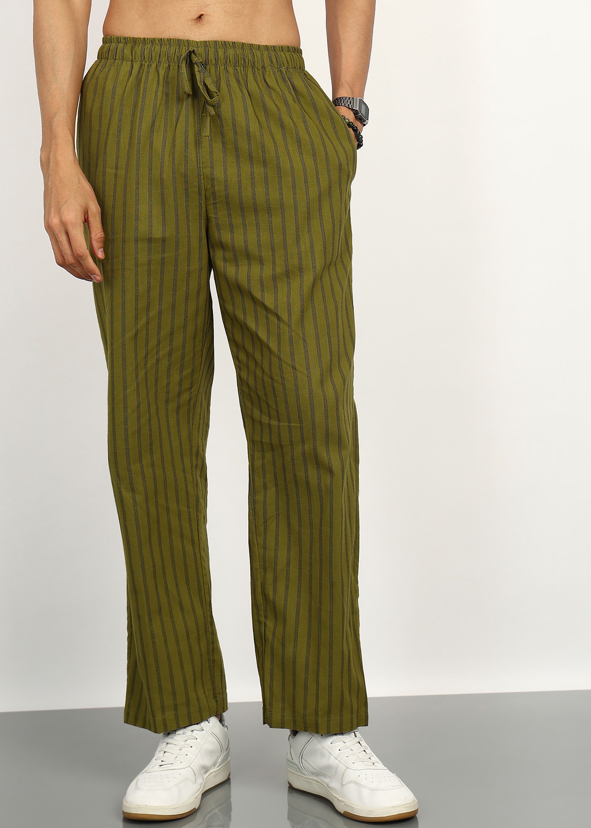 Fabmade Olive Stripe Linen Kurta Set | Grocsy
