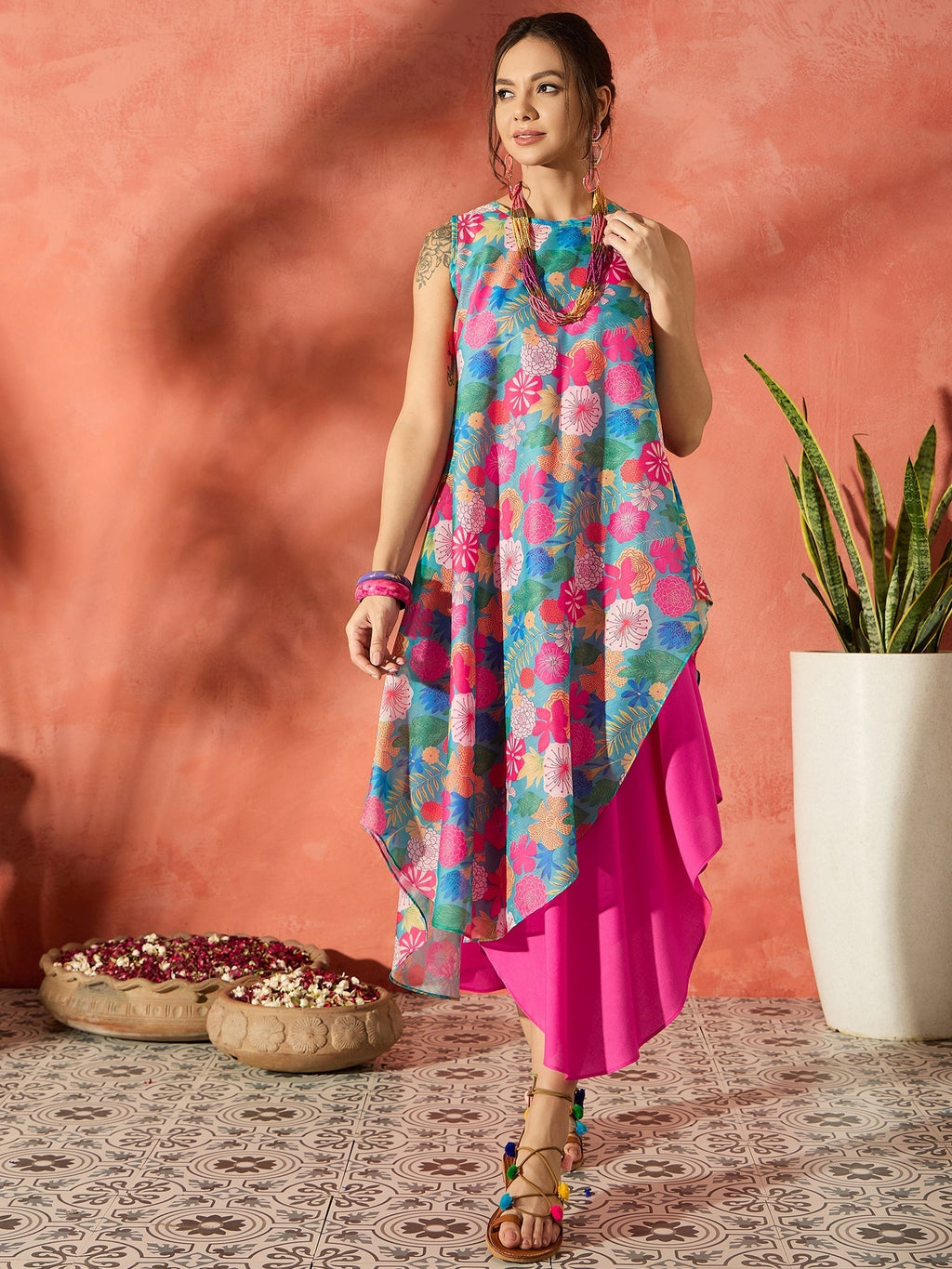 InWeave Blue Floral Fuchsia Asymmetrical Dress | Grocsy