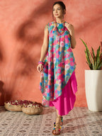 InWeave Blue Floral Fuchsia Asymmetrical Dress | Grocsy