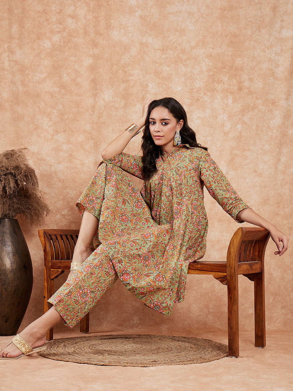 InWeave Women's Pear Green Orange Floral Print Flared Kurta Pant Set | Grocsy