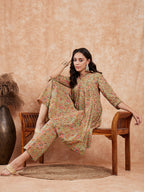 InWeave Women's Pear Green Orange Floral Print Flared Kurta Pant Set | Grocsy