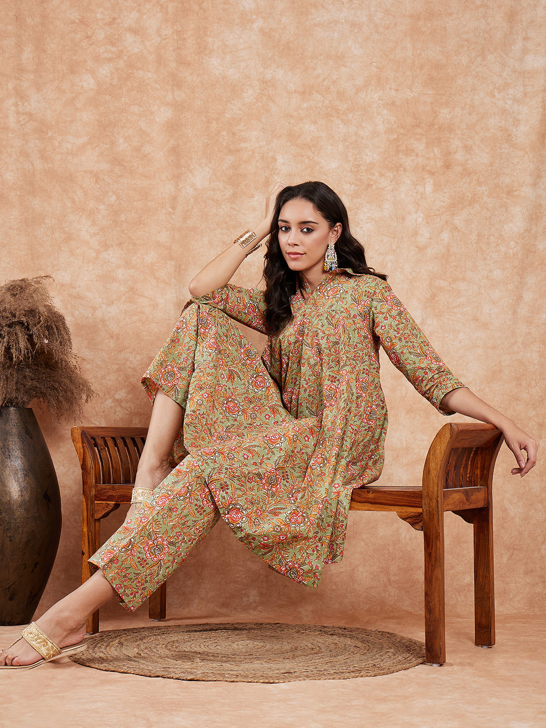 InWeave Women's Pear Green Orange Floral Print Flared Kurta Pant Set | Grocsy