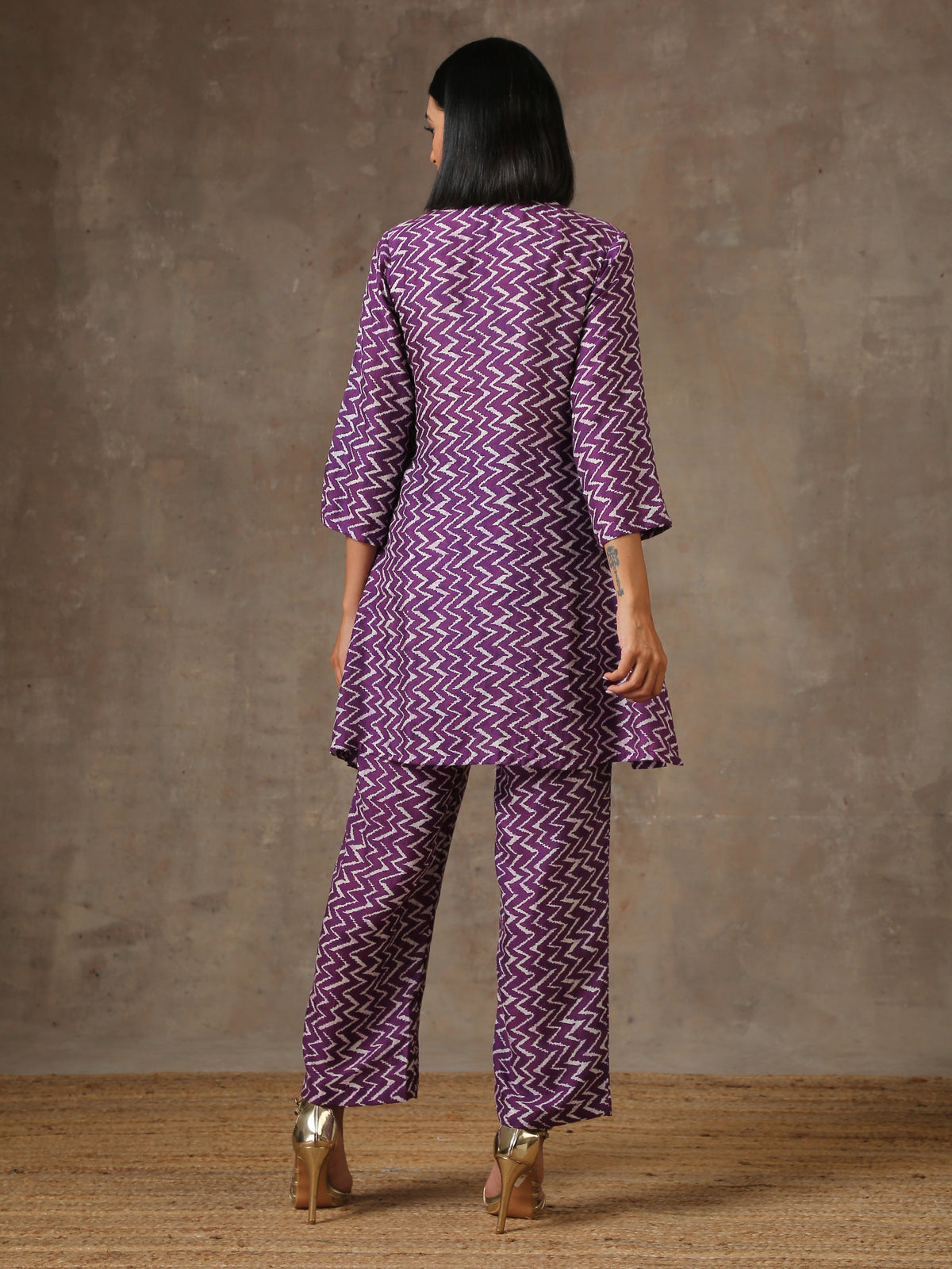 trueBrowns Purple White Lehariya Printed Silk Co-Ord Set | Grocsy