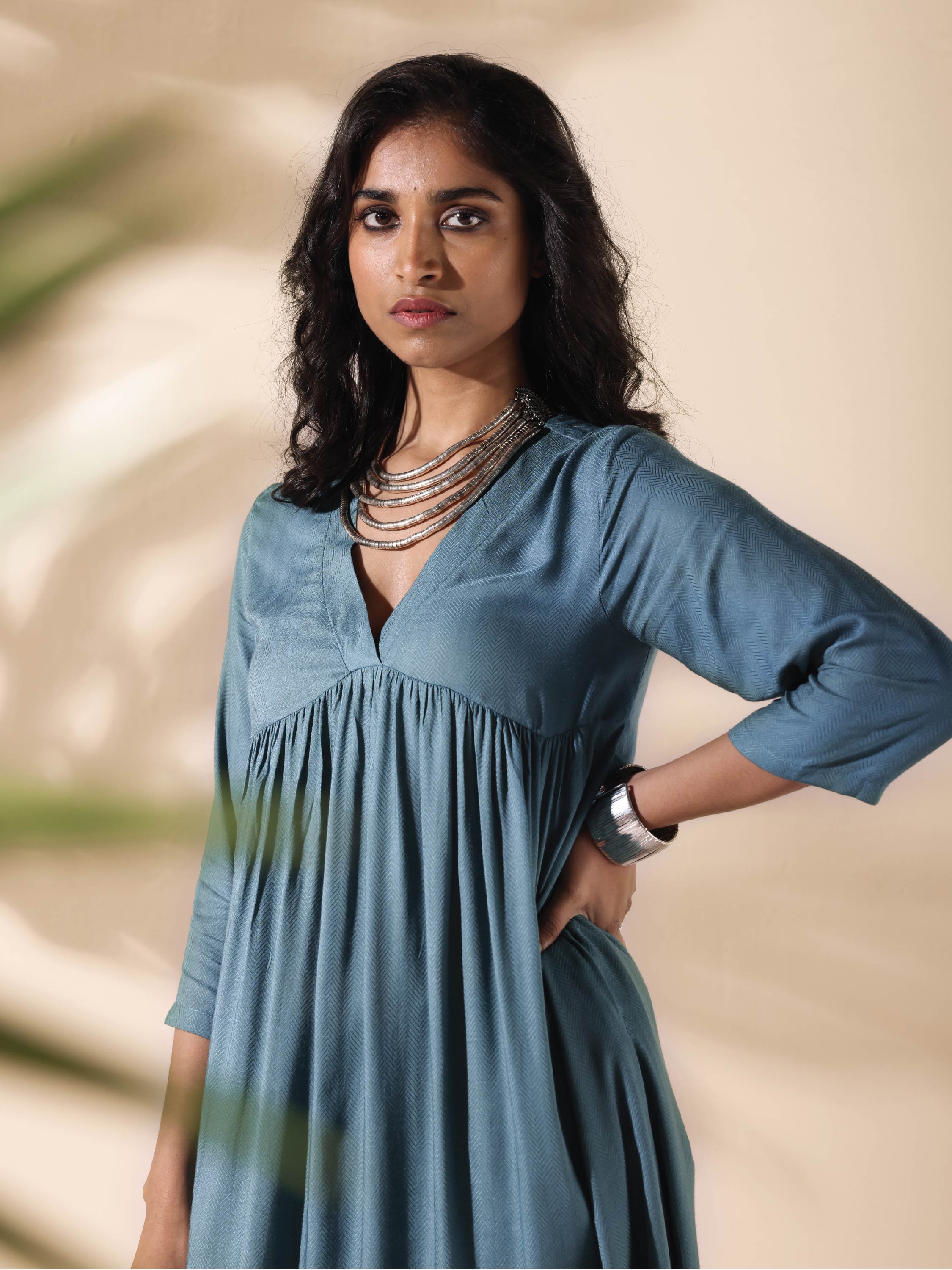 trueBrowns Turquoise Viscose Dobby Flared Kurta Pant Set | Grocsy