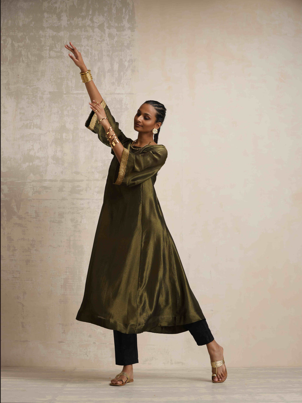 trueBrowns Olive Green Tissue Flared Anarkali Kurta Set | Grocsy