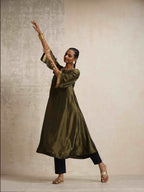 trueBrowns Olive Green Tissue Flared Anarkali Kurta Set | Grocsy