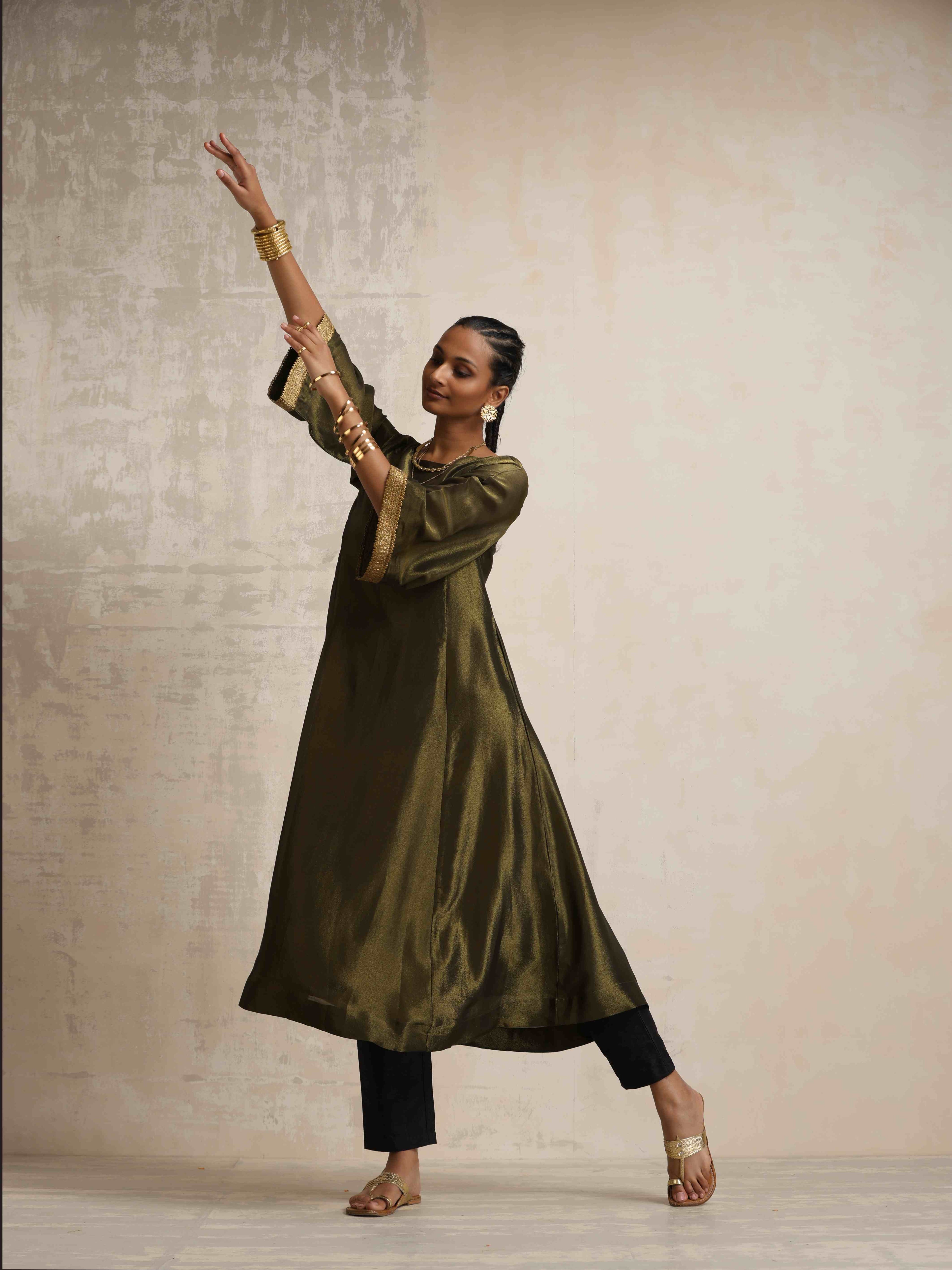 trueBrowns Olive Green Tissue Flared Anarkali Kurta Set | Grocsy