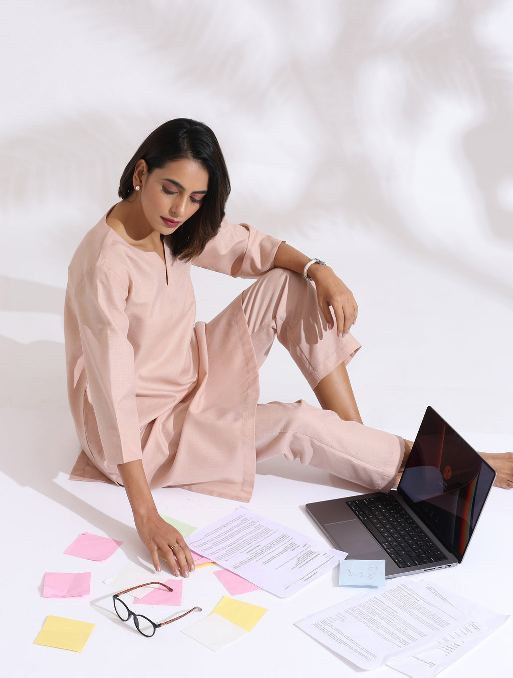 trueBrowns Light Pink Slub Kurta Co-ord Set | Grocsy