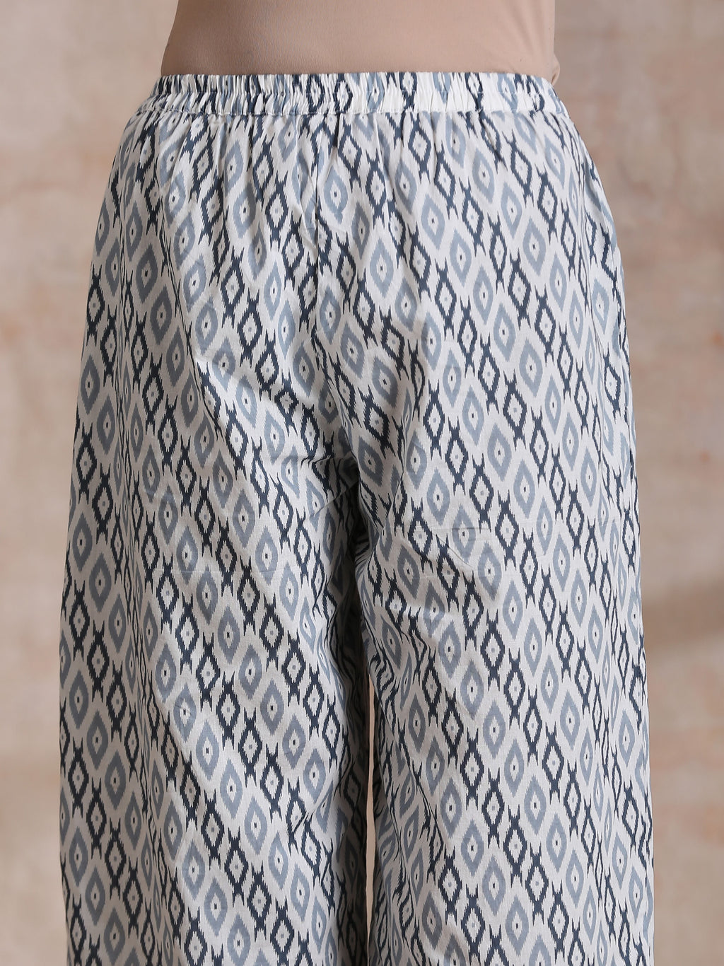 trueBrowns Multi Grey On Grey Ikat Print Cotton High-Low Co-Ord Set | Grocsy