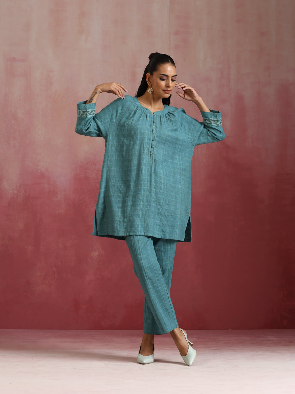 trueBrowns Light Blue Cotton Dobby Co-ord set | Grocsy