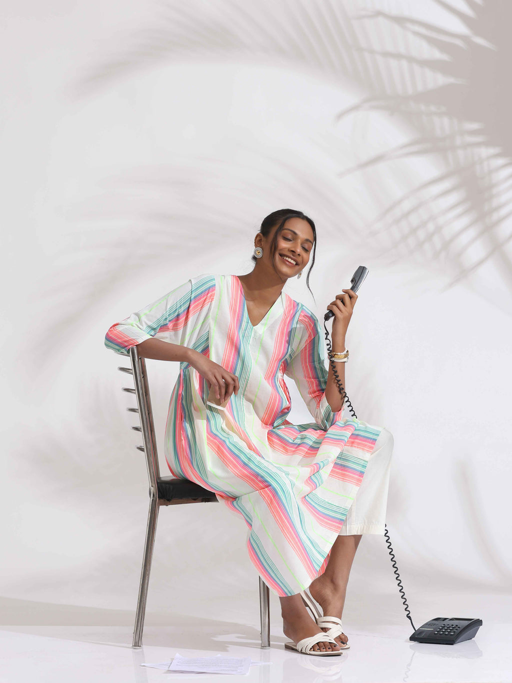 trueBrowns Off-White Cotton Multi Stripe Flared Kurta Set | Grocsy