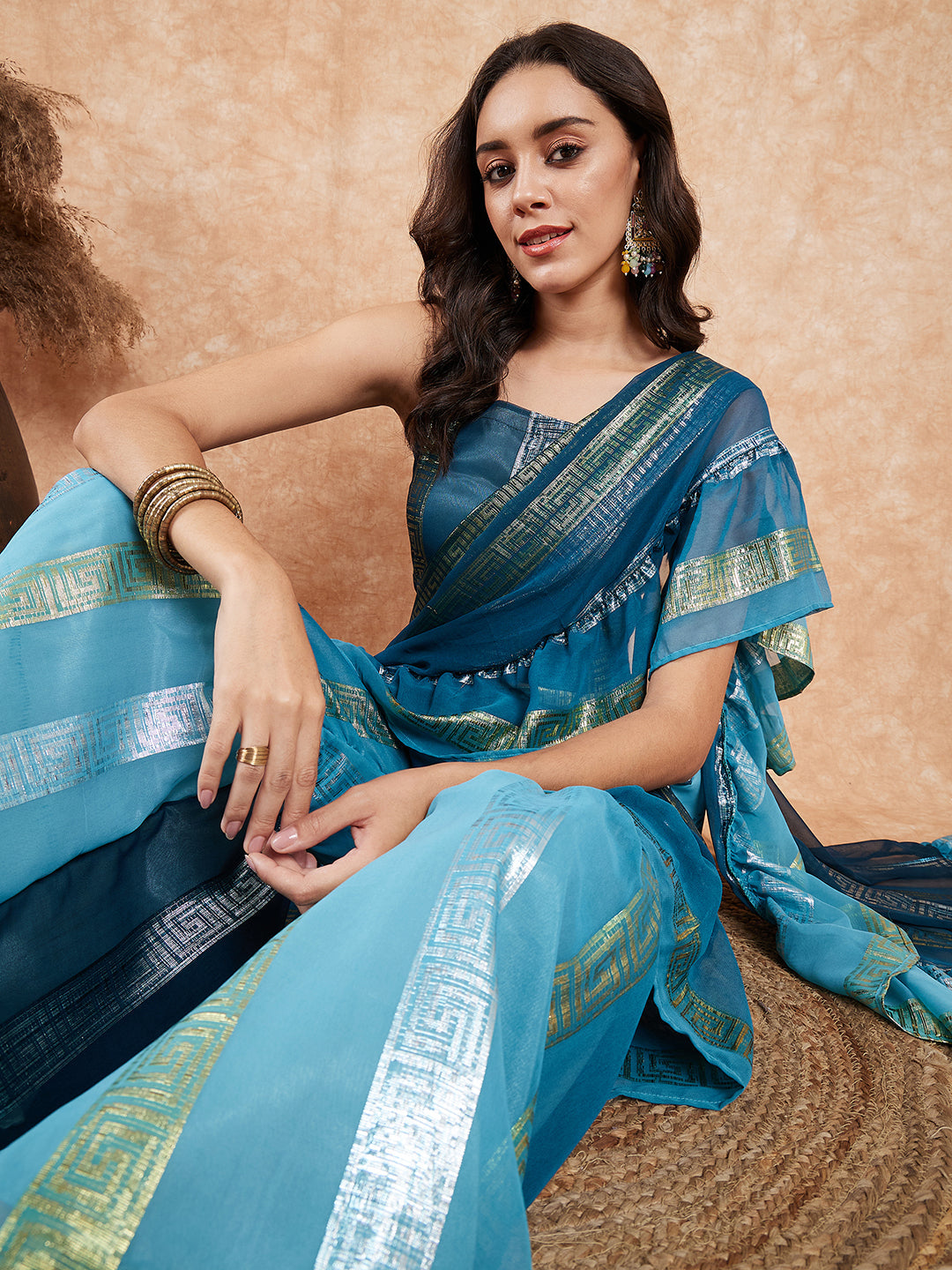 InWeave Women's Teal Shaded Lurex Frill Sharara Saree | Grocsy