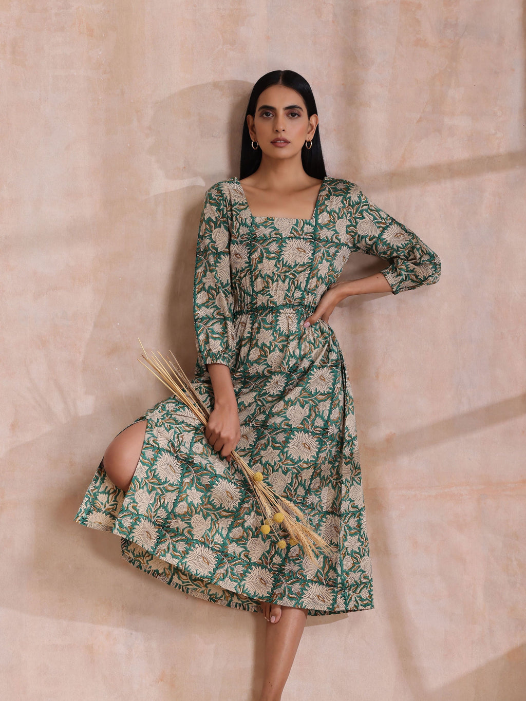 trueBrowns Fern Green Overall Floral Block Print Cotton Square Neck Dress | Grocsy