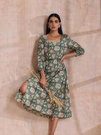 trueBrowns Fern Green Overall Floral Block Print Cotton Square Neck Dress | Grocsy