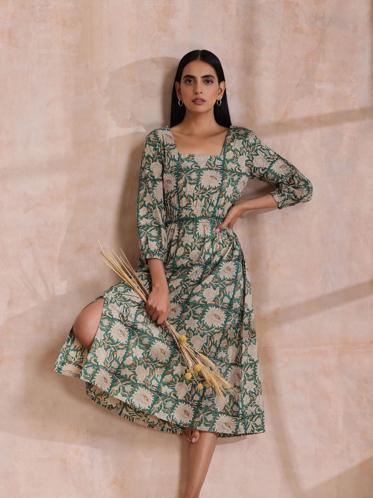 trueBrowns Fern Green Overall Floral Block Print Cotton Square Neck Dress | Grocsy