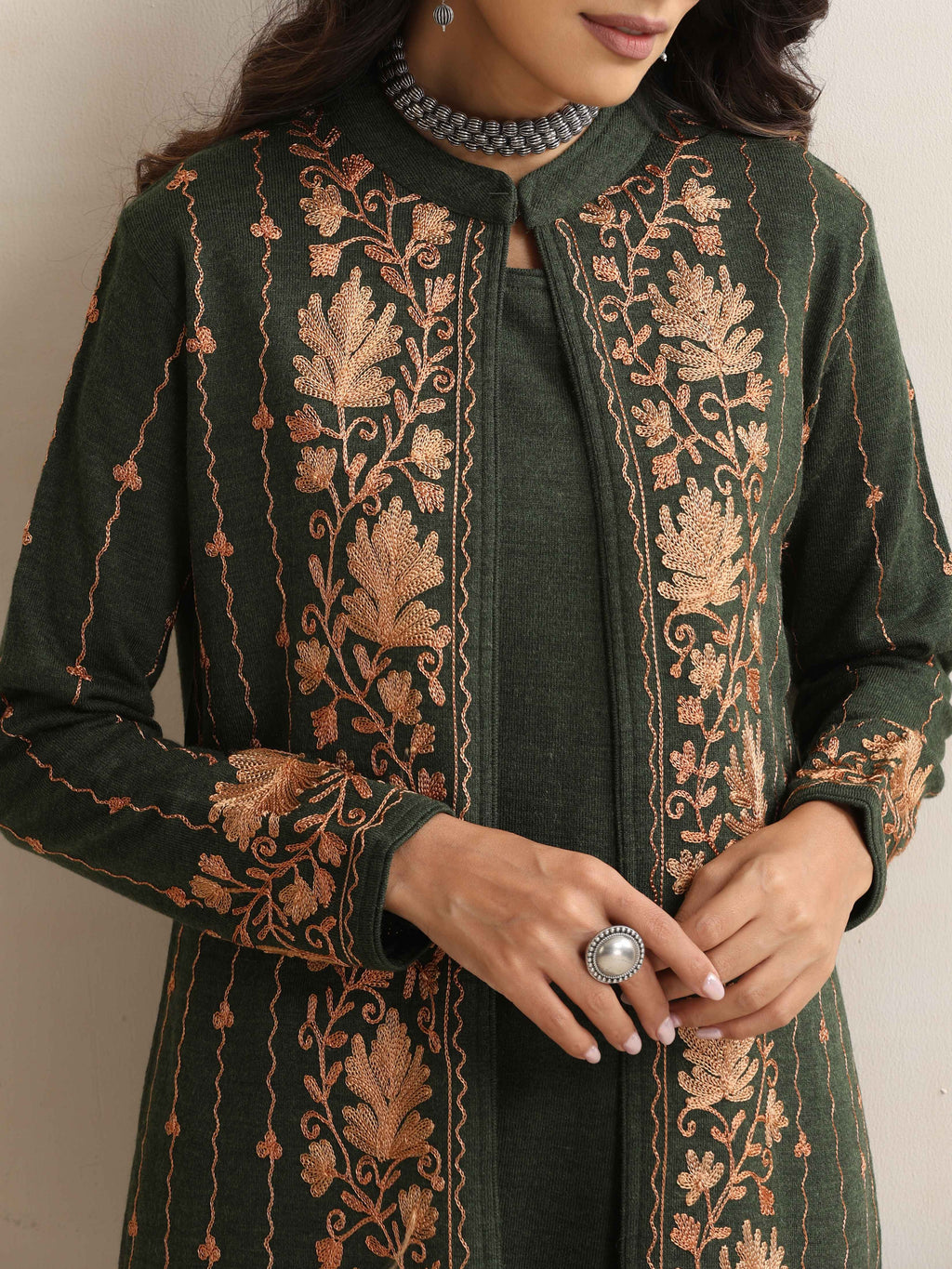 trueBrowns Green Kashmiri Woollen Jacket 3pc Set | Grocsy