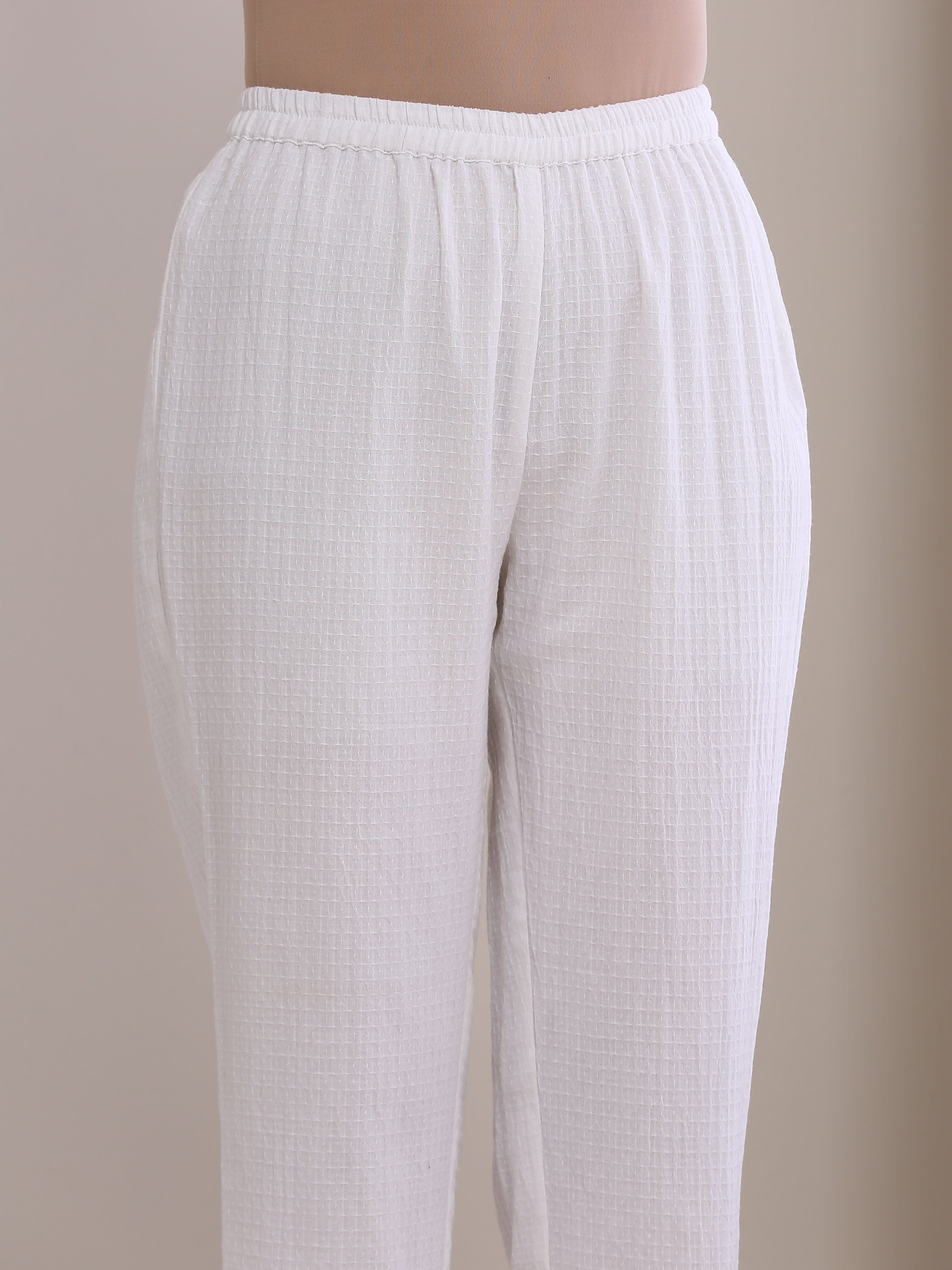 trueBrowns White Dobby Flared Slit Kurta Pant Set | Grocsy