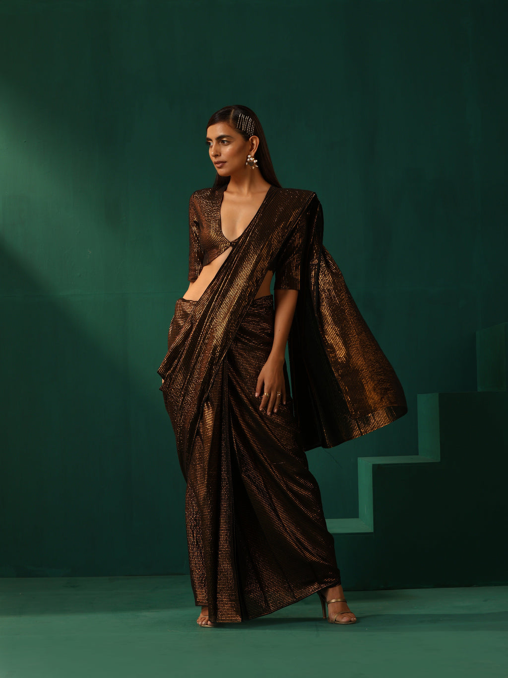 trueBrowns Black Cotton Gold Lurex Striped Ready to Wear Saree | Grocsy