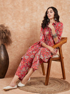 InWeave Women's Red Yellow Floral Print Flared Kurta Pant Set | Grocsy