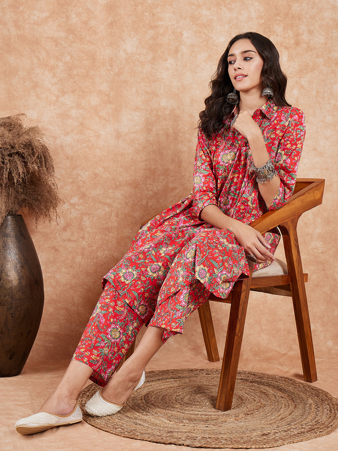 InWeave Women's Red Yellow Floral Print Flared Kurta Pant Set | Grocsy