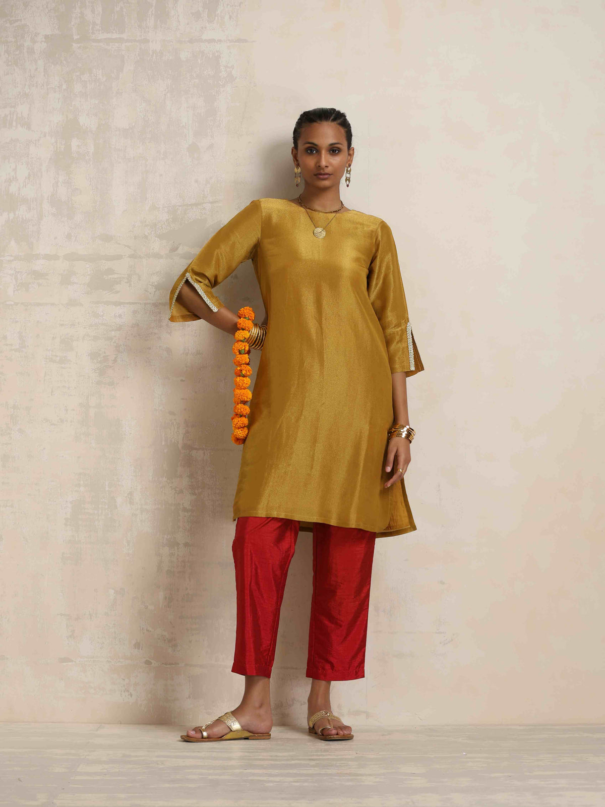 trueBrowns Gold Tissue Kurta Co-ord Set | Grocsy