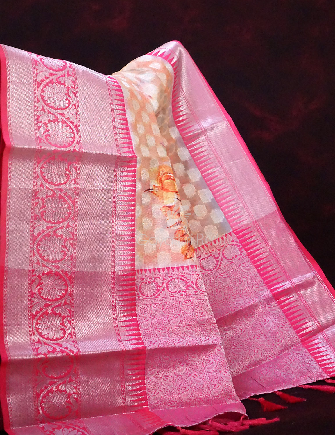 Pastel Wheat Banaras Border Buttes Floral Design Banarasi Semi Silk Saree By Gayathri Reddy Designer Studio | Grocsy