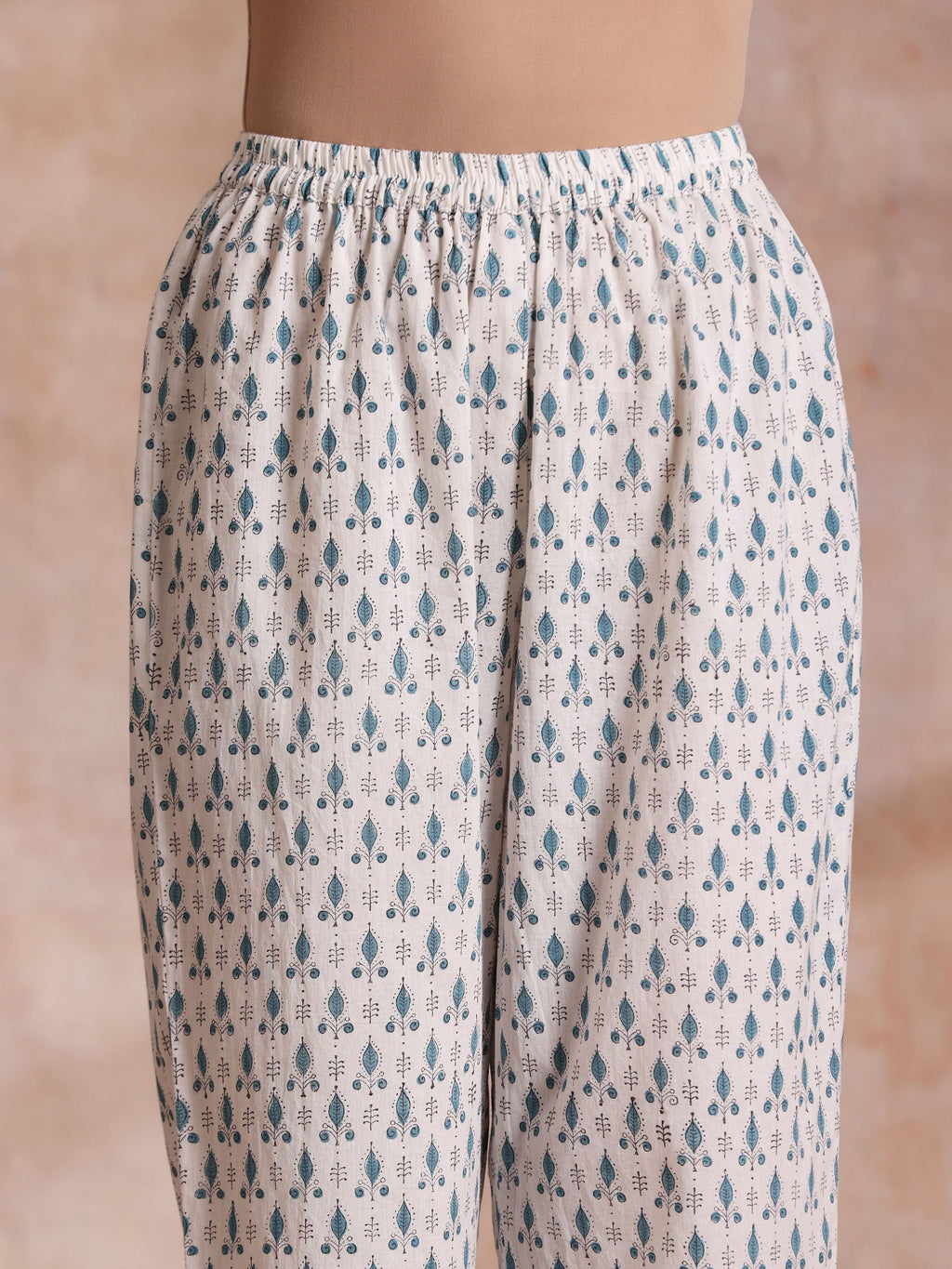trueBrowns White With Teal Buta Block Print Cotton Front Neck Gathered Kurta Pant Set | Grocsy