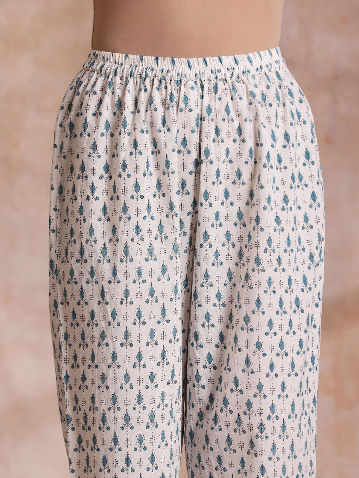 trueBrowns White With Teal Buta Block Print Cotton Front Neck Gathered Kurta Pant Set | Grocsy